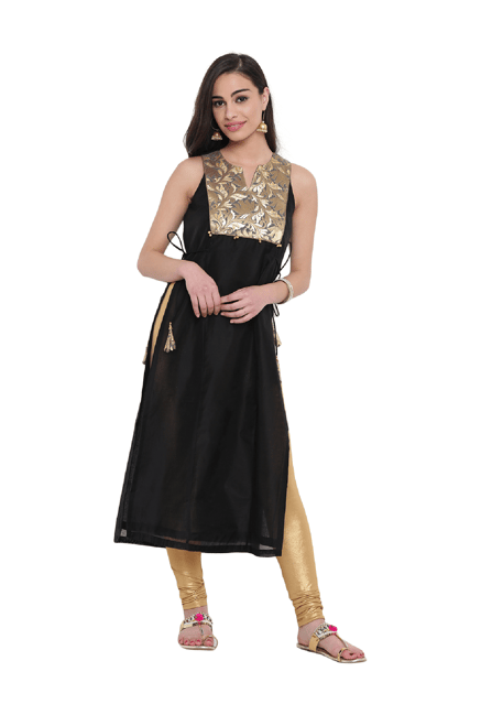 Studio Rasa Black Printed Chanderi Tie-Ups Kurta Studio Rasa Black Printed Chanderi Tie-Ups Kurta