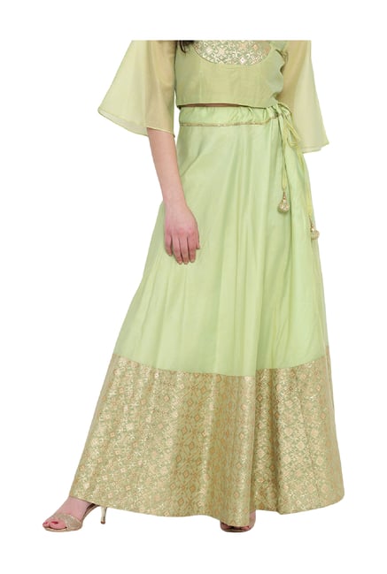 Studio Rasa Green Printed Chanderi Half and Half Skirt Studio Rasa Green Printed Chanderi Half and Half Skirt