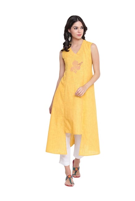 9rasa Yellow Printed High Low Cotton Kurta 9rasa Yellow Printed High Low Cotton Kurta