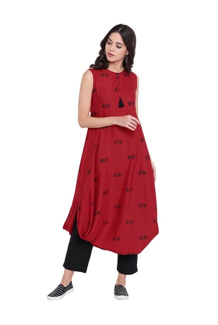 9rasa Red Printed Rayon Viscose Kurta 9rasa Red Printed Rayon Viscose Kurta