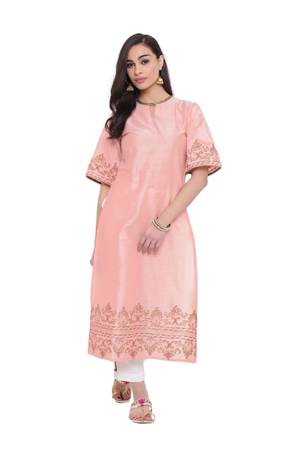 Studio Rasa Pink Printed Cotton Silk High Slits Kurta Studio Rasa Pink Printed Cotton Silk High Slits Kurta