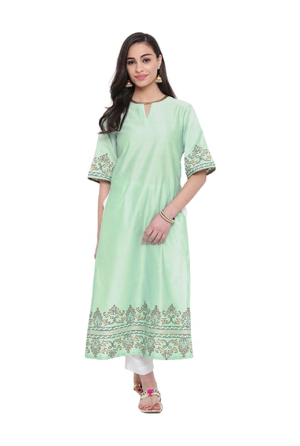 Studio Rasa Mint Printed Cotton Silk High Slits Kurta Studio Rasa Mint Printed Cotton Silk High Slits Kurta