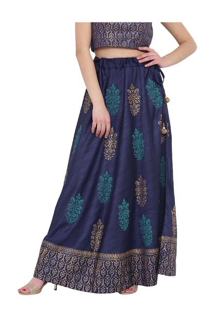 Studio Rasa Navy Printed Bhagalpuri Dupion Skirt Studio Rasa Navy Printed Bhagalpuri Dupion Skirt