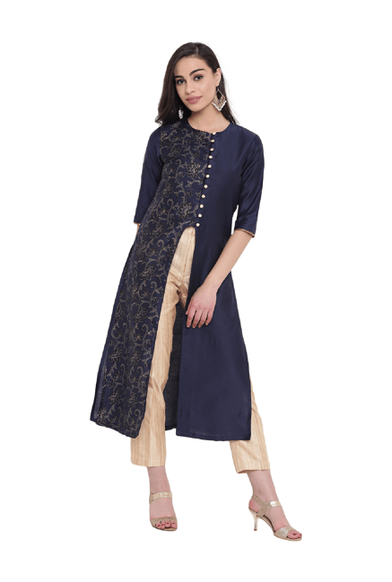 Studio Rasa Navy Printed Cotton Silk Jacket Kurta Studio Rasa Navy Printed Cotton Silk Jacket Kurta
