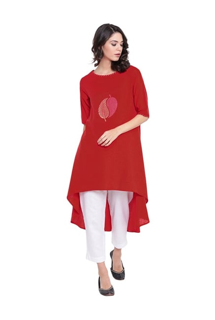 9rasa Red Printed High Low Rayon Viscose Kurta 9rasa Red Printed High Low Rayon Viscose Kurta