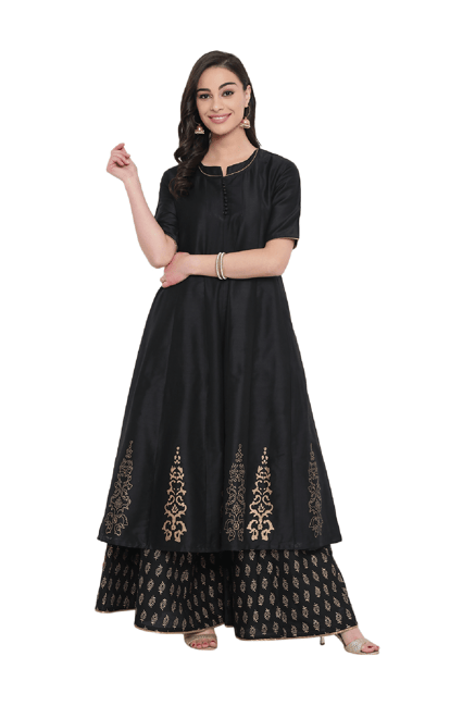 Studio Rasa Black Printed Cotton Silk Kalidaar Kurta Studio Rasa Black Printed Cotton Silk Kalidaar Kurta