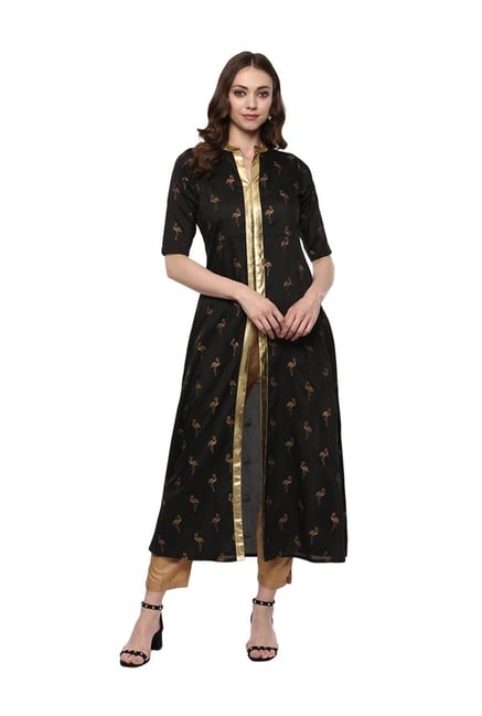 Ahalyaa Black Printed Poly Silk A-Line Kurta Ahalyaa Black Printed Poly Silk A-Line Kurta