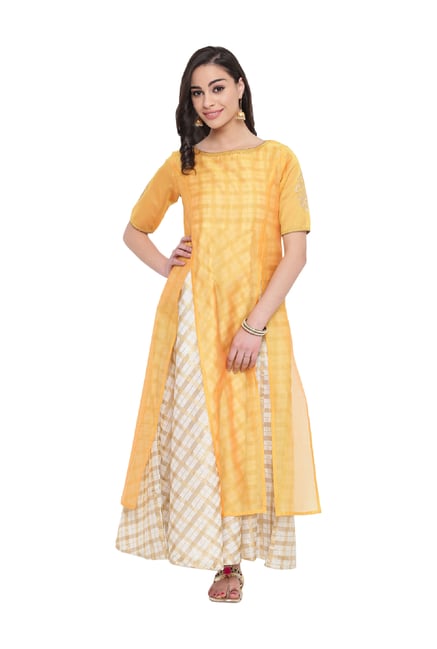 Studio Rasa Yellow Checks Chanderi Layered Kurta Studio Rasa Yellow Checks Chanderi Layered Kurta