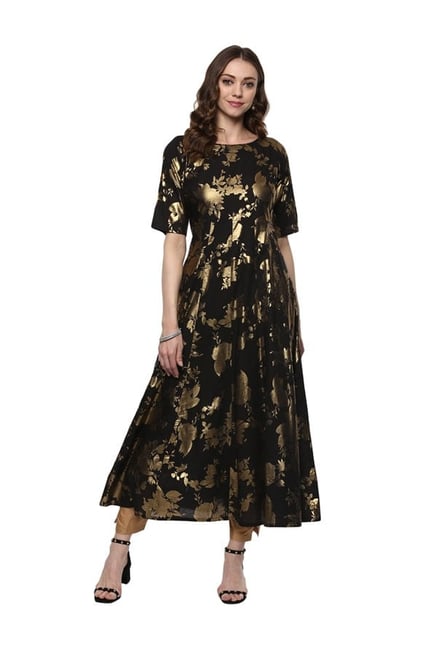 Ahalyaa Black Printed Cotton Anarkali Kurta Ahalyaa Black Printed Cotton Anarkali Kurta