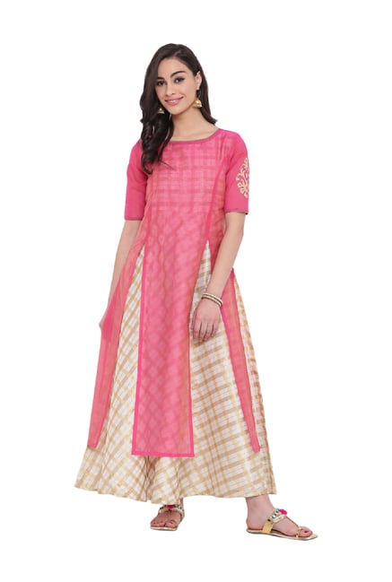 Studio Rasa Pink Checks Chanderi Layered Kurta Studio Rasa Pink Checks Chanderi Layered Kurta
