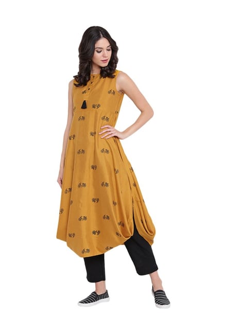 9rasa Mustard Printed Rayon Viscose Kurta 9rasa Mustard Printed Rayon Viscose Kurta