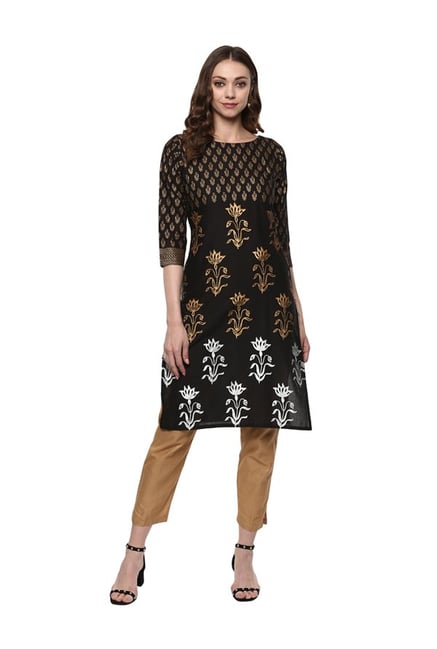 Ahalyaa Black Printed Poly Silk Straight Kurta Ahalyaa Black Printed Poly Silk Straight Kurta