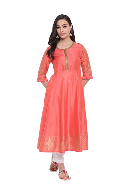 Studio Rasa Coral Printed Cotton Silk A-Line Kurta Studio Rasa Coral Printed Cotton Silk A-Line Kurta