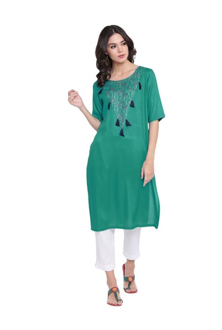 9rasa Green Printed Rayon Viscose Kurta 9rasa Green Printed Rayon Viscose Kurta