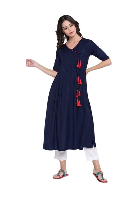 9rasa Navy Flared Fit Rayon Viscose Kurta 9rasa Navy Flared Fit Rayon Viscose Kurta
