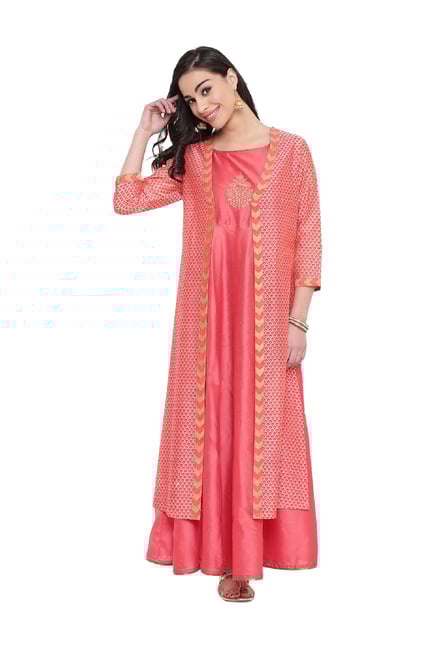 Studio Rasa Coral Printed Chanderi Jacket Layered Kurta Studio Rasa Coral Printed Chanderi Jacket Layered Kurta