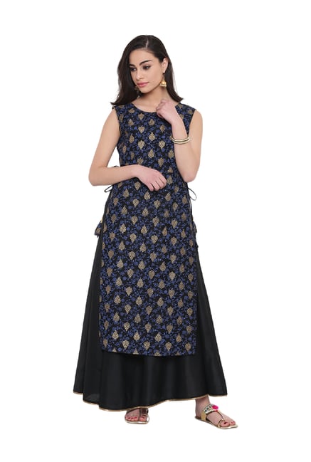 Studio Rasa Black & Blue Printed Chanderi Layered Kurta Studio Rasa Black & Blue Printed Chanderi Layered Kurta