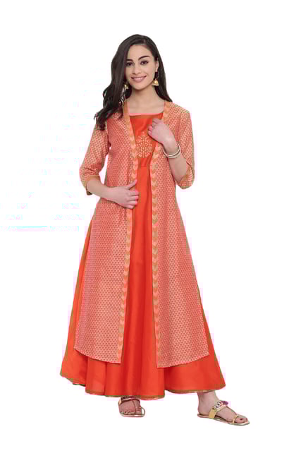 Studio Rasa Orange Printed Jacket Layered Kurta Studio Rasa Orange Printed Jacket Layered Kurta