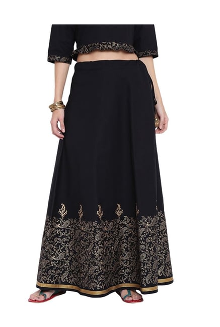 9rasa Black Printed Cotton Poplin Skirt 9rasa Black Printed Cotton Poplin Skirt