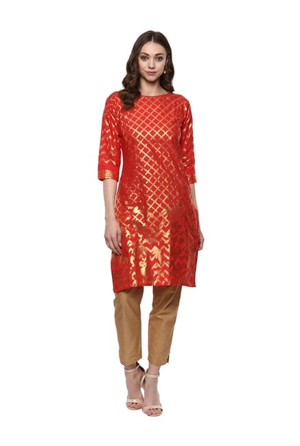 Ahalyaa Fiery Red Printed Cotton Kurta Ahalyaa Fiery Red Printed Cotton Kurta