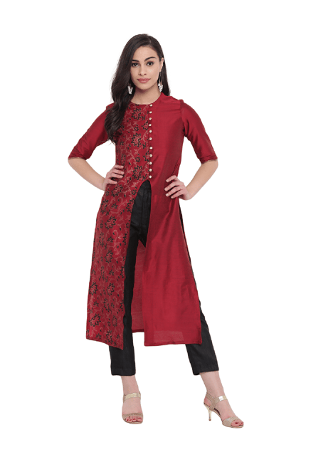 Studio Rasa Maroon Printed Cotton Silk Jacket Kurta Studio Rasa Maroon Printed Cotton Silk Jacket Kurta