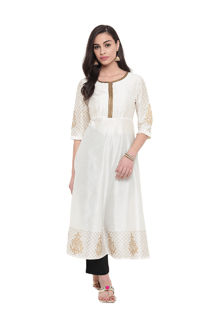 Studio Rasa Off White Printed Cotton Silk A-Line Kurta Studio Rasa Off White Printed Cotton Silk A-Line Kurta