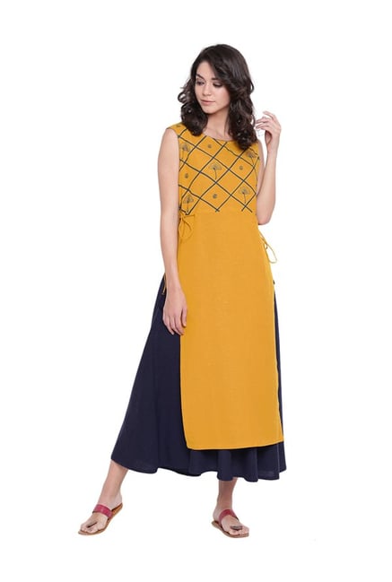 9rasa Mustard Printed Rayon Viscose Kurta 9rasa Mustard Printed Rayon Viscose Kurta