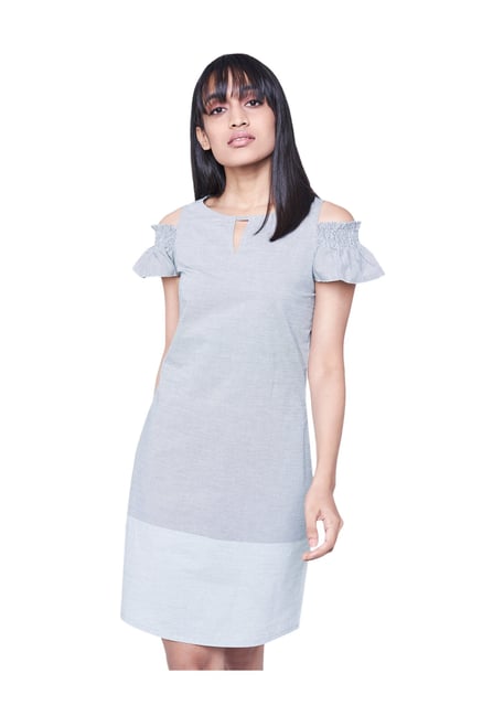 AND Grey Striped Above Knee Cold Shoulder Dress AND Grey Striped Above Knee Cold Shoulder Dress