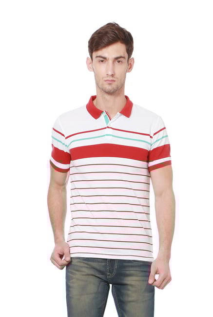 Peter England White & Red Striped Slim Fit Polo T-Shirt Peter England White & Red Striped Slim Fit Polo T-Shirt