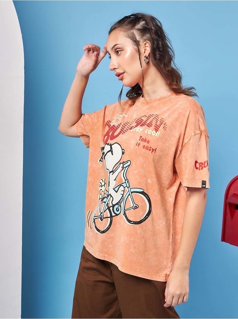 Bewakoof Orange Cotton Relaxed Fit Printed T-Shirt