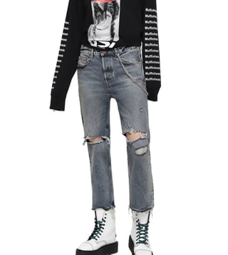 Diesel Tattered Blue Denim Aryel L.32 Pantaloni Straight Fit Jeans Diesel Tattered Blue Denim Aryel L.32 Pantaloni Straight Fit Jeans