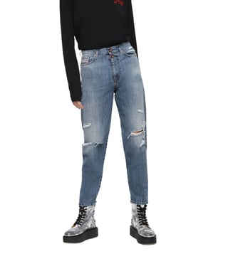 Diesel Tattered Blue Denim Alys L.32 Pantaloni Straight Fit Jeans Diesel Tattered Blue Denim Alys L.32 Pantaloni Straight Fit Jeans