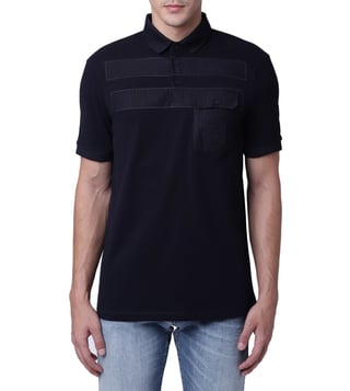Armani Exchange Navy Tonal Stripe Pieced Pocket Polo T-Shirt Armani Exchange Navy Tonal Stripe Pieced Pocket Polo T-Shirt