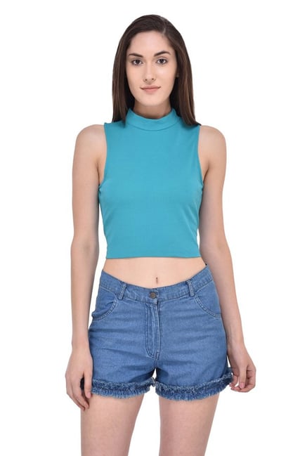 Mayra Blue Mock Collar Crop Top Mayra Blue Mock Collar Crop Top