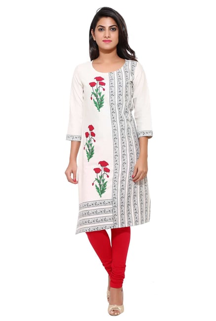 Aaboli Off White & Red Printed Cotton Straight Kurta Aaboli Off White & Red Printed Cotton Straight Kurta