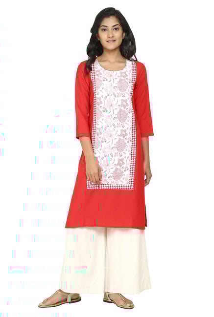 Aaboli Red & White Floral Print Rayon Straight Kurta Aaboli Red & White Floral Print Rayon Straight Kurta