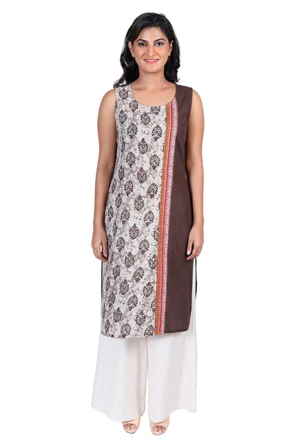 Aaboli Brown & Off White Printed Cotton Straight Kurta Aaboli Brown & Off White Printed Cotton Straight Kurta