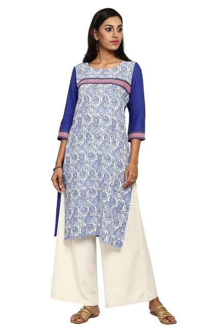 Aaboli White & Indigo Printed Cotton Straight Kurta Aaboli White & Indigo Printed Cotton Straight Kurta