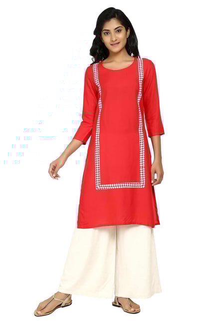 Aaboli Red Round Neck Rayon Straight Kurta Aaboli Red Round Neck Rayon Straight Kurta