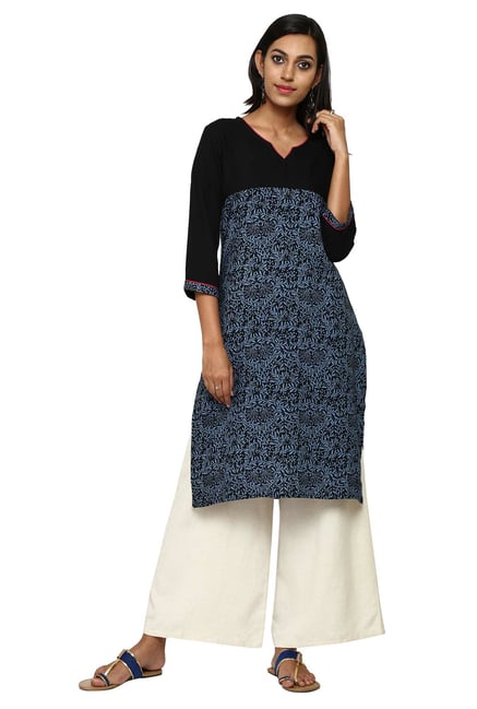 Aaboli Black & Blue Printed Rayon Straight Kurta Aaboli Black & Blue Printed Rayon Straight Kurta
