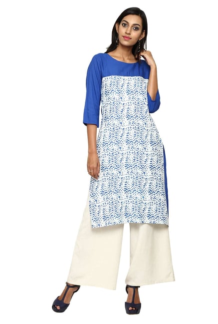 Aaboli Blue & White Printed Rayon Straight Kurta Aaboli Blue & White Printed Rayon Straight Kurta