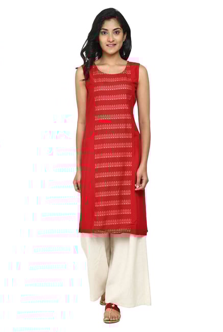 Aaboli Red Printed Rayon Straight Kurta Aaboli Red Printed Rayon Straight Kurta