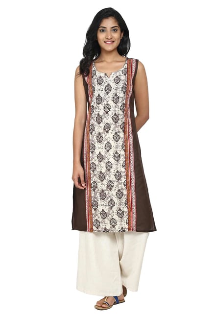 Aaboli Brown & Off White Printed Cotton Straight Kurta Aaboli Brown & Off White Printed Cotton Straight Kurta
