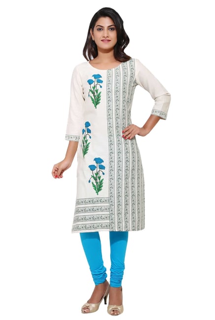 Aaboli Off White & Blue Printed Cotton Straight Kurta Aaboli Off White & Blue Printed Cotton Straight Kurta