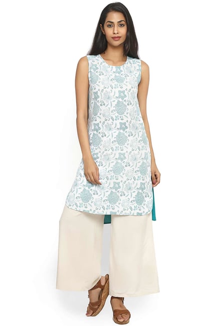 Aaboli White & Green Floral Print Rayon Straight Kurta Aaboli White & Green Floral Print Rayon Straight Kurta