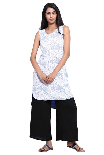 Aaboli White & Indigo Floral Print Rayon Straight Kurta Aaboli White & Indigo Floral Print Rayon Straight Kurta