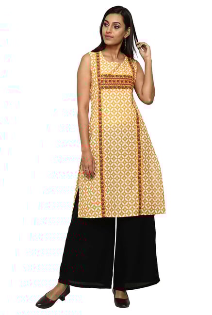 Aaboli Yellow Printed Cotton Straight Kurta Aaboli Yellow Printed Cotton Straight Kurta