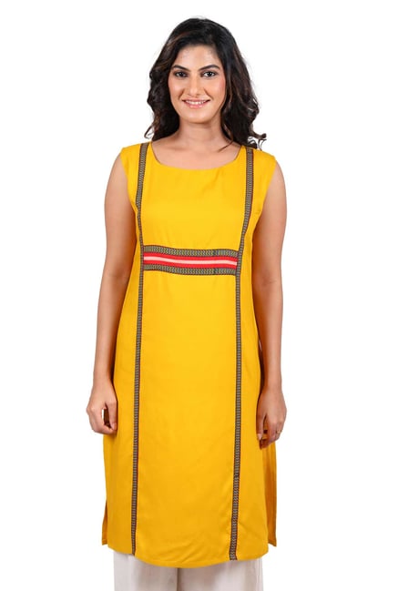 Aaboli Yellow Printed Rayon Straight Kurta Aaboli Yellow Printed Rayon Straight Kurta