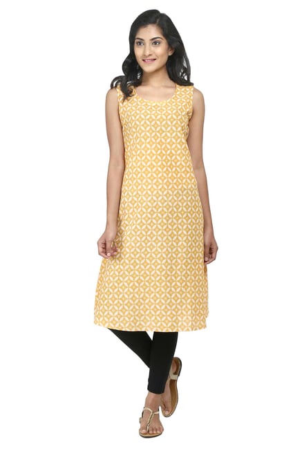 Aaboli Yellow Printed Cotton A-Line Kurta Aaboli Yellow Printed Cotton A-Line Kurta