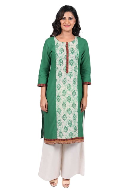 Aaboli Green Printed Cotton Straight Kurta Aaboli Green Printed Cotton Straight Kurta
